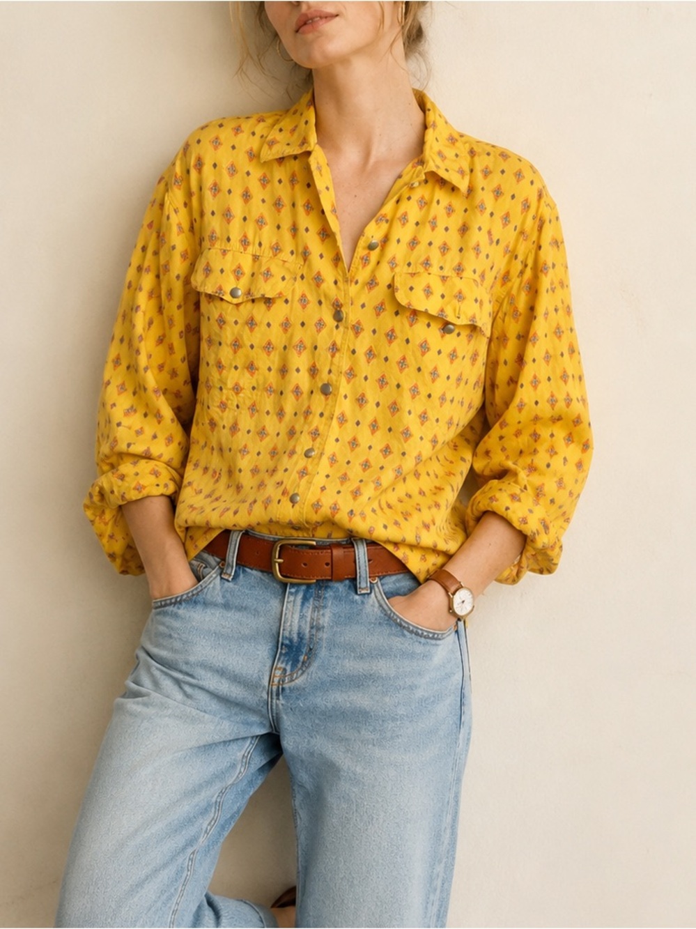 Vintage 90s Lizwear Yellow Geometric Print Rayon Button Down Shirt Size Small